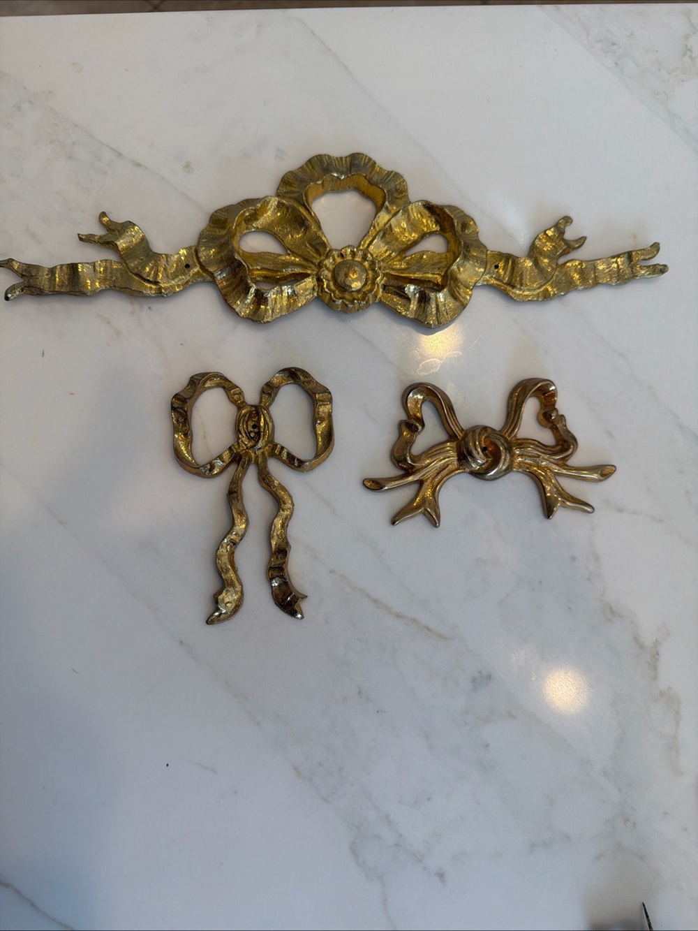 Vintage Brass Ribbon Bow Accent Appliqué Hollywood Regency Embellishments Set 3